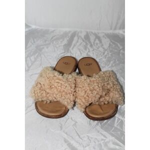 UGG Kari Fuzz Slide Sandals Women 6.5 Tan Sheepskin Crisscross Straps 1092227